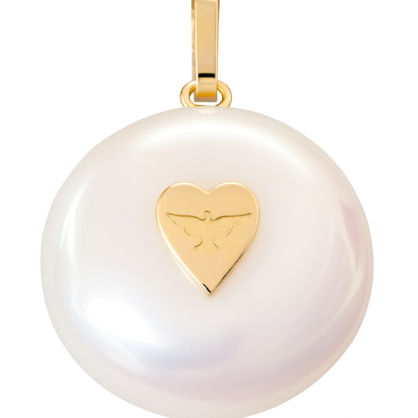 Pingente Bola em Madrepérola com Coração e Espírito Santo