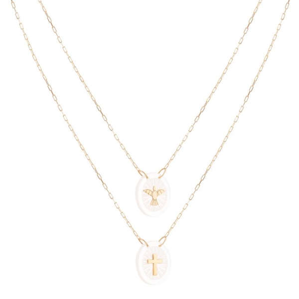 Escapulário em Madrepérola com Cruz e Espírito Santo