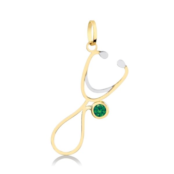 Pingente Estetoscópio Bicolor com Pedra em Ouro 10k