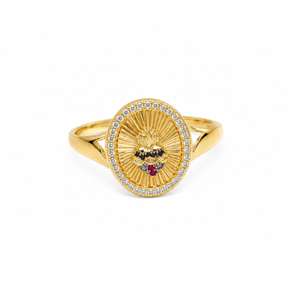 Anel Sagrado Coração de Jesus com Pedras em Ouro 10k com Moissanite
