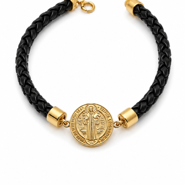 Pulseira de Couro Trançado e Medalha São Bento em Ouro 10k
