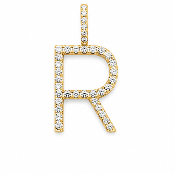 Pingente Letra R com Moissanites em Ouro 10k