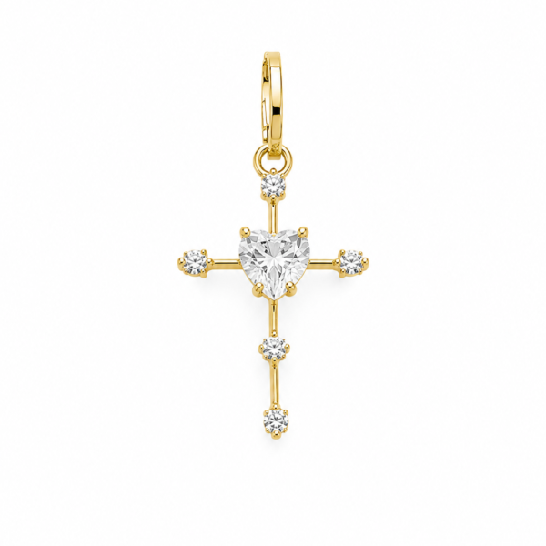 Pingente Cruz com Coração de Moissanite em Ouro 10k